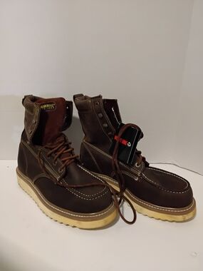 Wolverine Dark Brown Leather Moc Toe Work Boots with Cream Sole